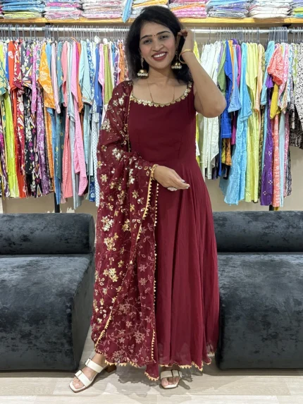 Maroon Embroidered Backless Anarkali Suit Set