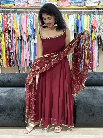 Maroon Embroidered Backless Anarkali Suit Set