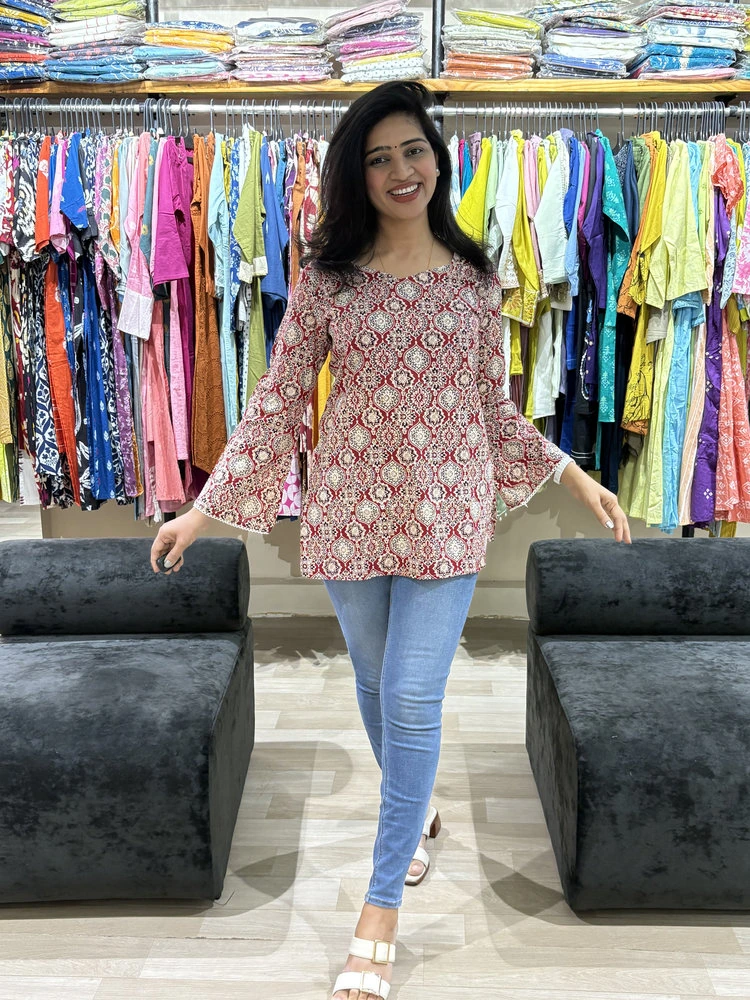 Maroon Ethnic Print Cotton Tunic Top