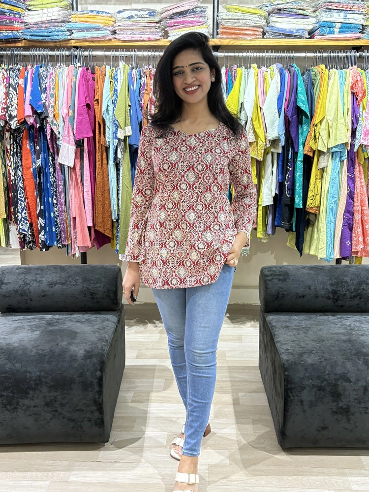 Maroon Ethnic Print Cotton Tunic Top