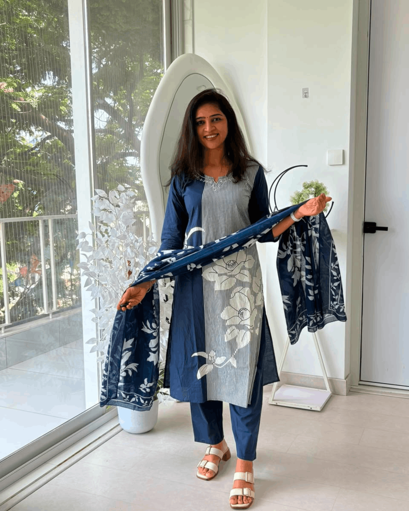 Midnight Bloom Printed Suit Set with Floral Dupatta