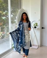 Midnight Bloom Printed Suit Set with Floral Dupatta