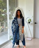 Midnight Bloom Printed Suit Set with Floral Dupatta