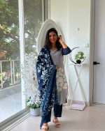 Midnight Bloom Printed Suit Set with Floral Dupatta