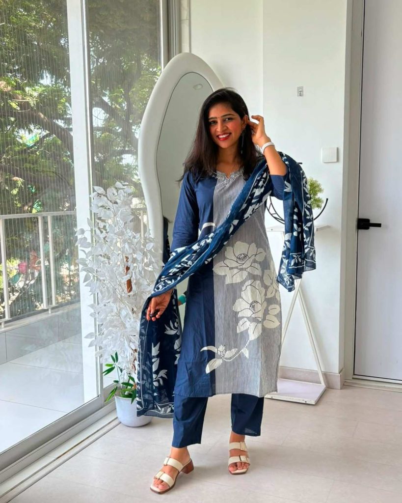 Midnight Bloom Printed Suit Set with Floral Dupatta