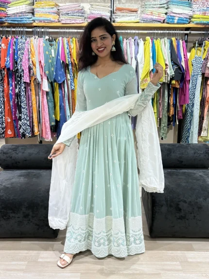 Mint Green Embroidered Anarkali Gown with Dupatta