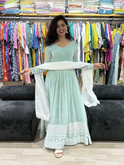 Mint Green Embroidered Anarkali Gown with Dupatta