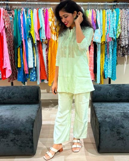 Mint Green Embroidered Cotton Co-ord Set
