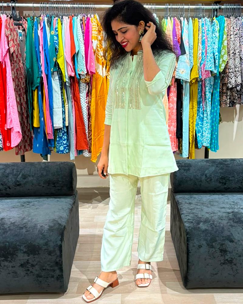 Mint Green Embroidered Cotton Co-ord Set