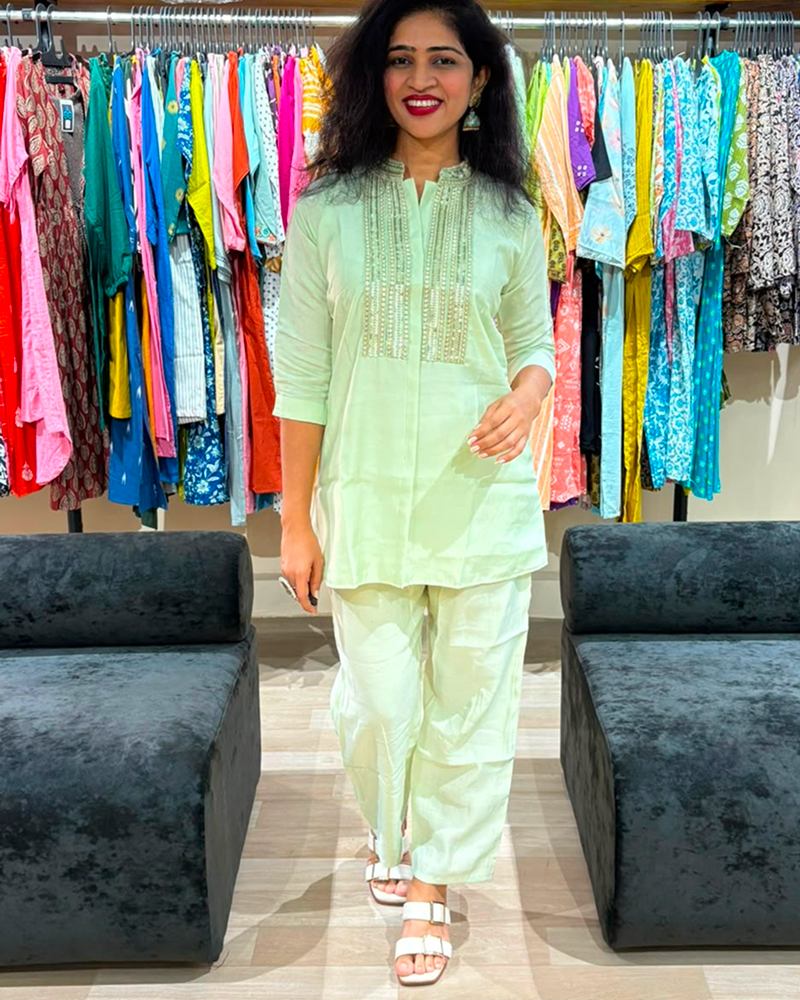 Mint Green Embroidered Cotton Co-ord Set