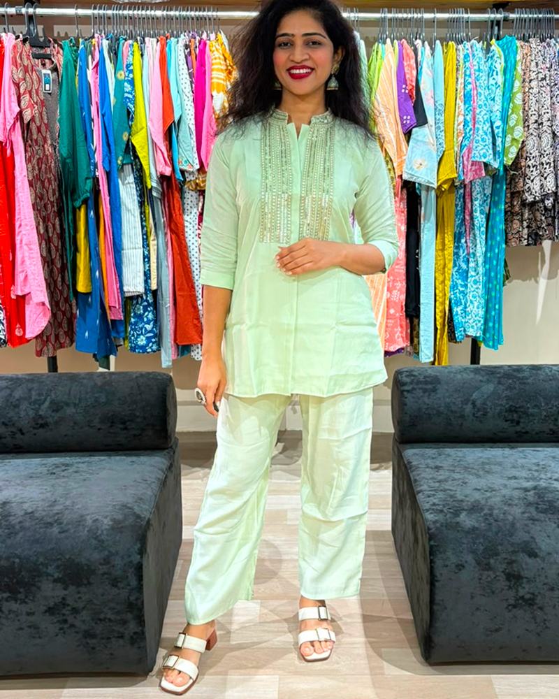 Mint Green Embroidered Cotton Co-ord Set