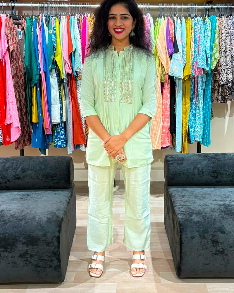 Mint Green Embroidered Cotton Co-ord Set