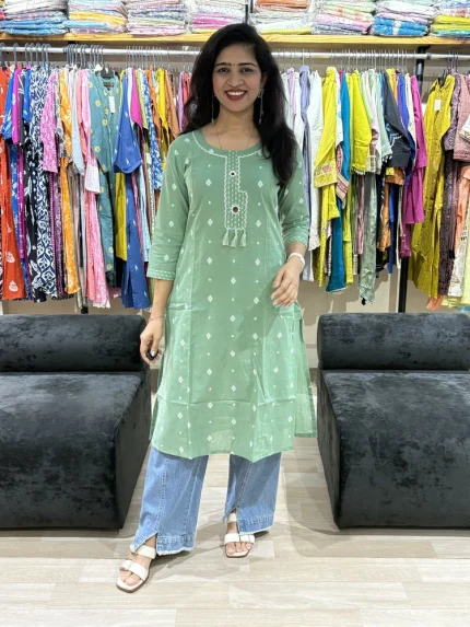 Mint Green Embroidered Cotton Kurti