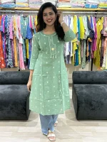 Mint Green Embroidered Cotton Kurti