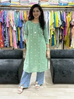 Mint Green Embroidered Cotton Kurti