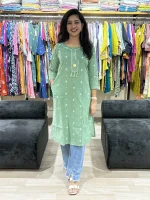 Mint Green Embroidered Cotton Kurti