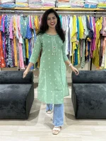 Mint Green Embroidered Cotton Kurti
