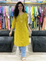Mustard Embroidered Straight Jamdani Cotton Kurti