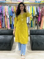 Mustard Embroidered Straight Jamdani Cotton Kurti