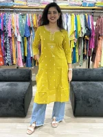 Mustard Embroidered Straight Jamdani Cotton Kurti