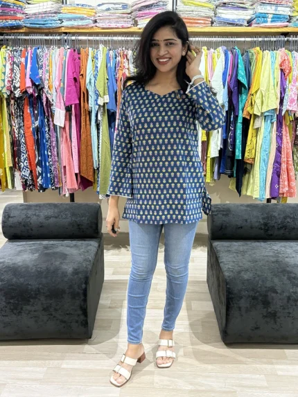 Navy Blue Printed Cotton Tunic Top