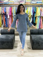 Navy Blue Printed Cotton Tunic Top