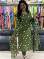 Olive Green Bandhani Print Suit Set with Dupatta