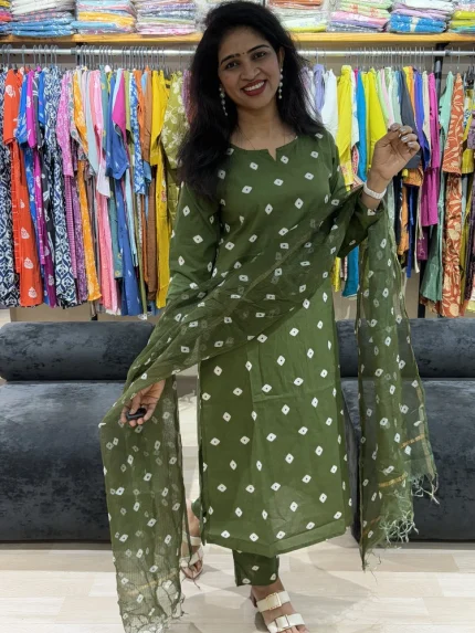 Olive Green Bandhani Print Suit Set with Dupatta