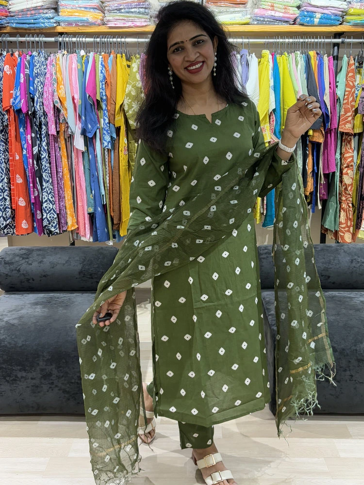 Olive Green Bandhani Print Suit Set with Dupatta