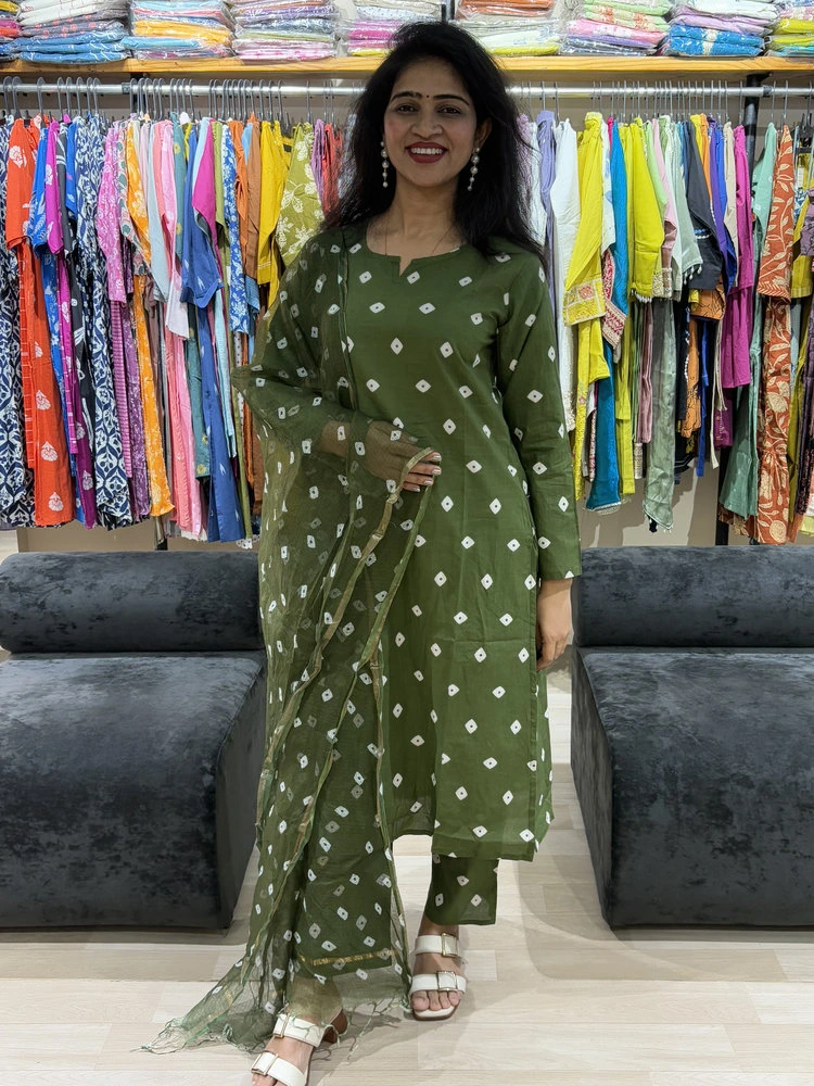 Olive Green Bandhani Print Suit Set with Dupatta