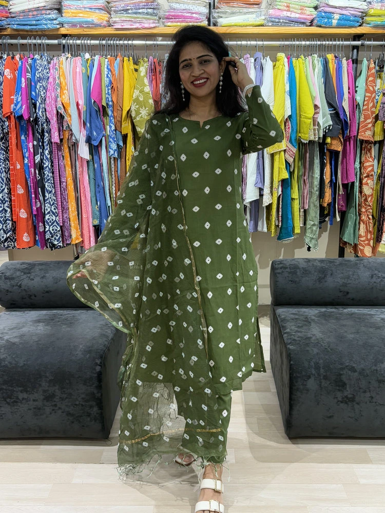 Olive Green Bandhani Print Suit Set with Dupatta