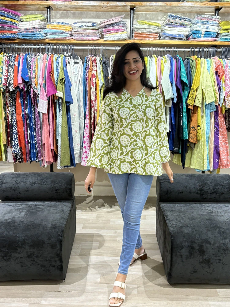 Olive Green Floral Wrap Style Western Cotton Tunic Top