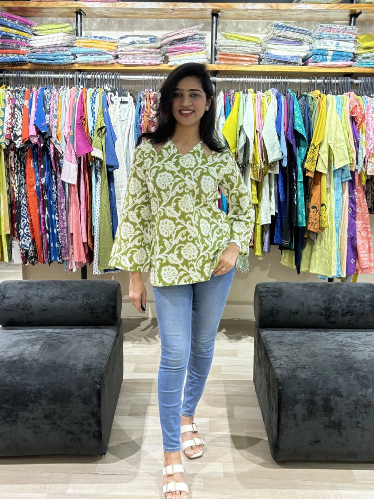 Olive Green Floral Wrap Style Western Cotton Tunic Top