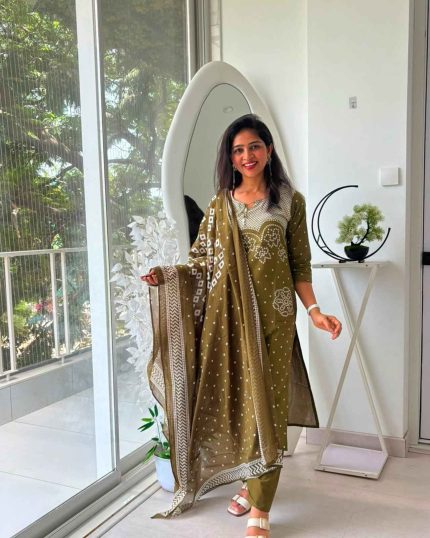 Olive Charm Printed Suit Set with Designer Dupatta
