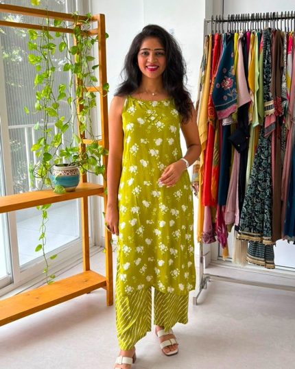 Olive Green Floral Printed Kurti Palazo Set