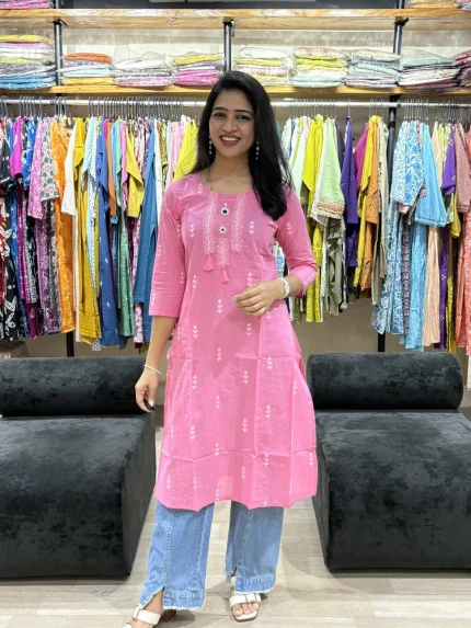 Pink Embroidered Jamdani Cotton Kurti
