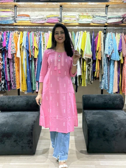 Pink Embroidered Jamdani Cotton Kurti