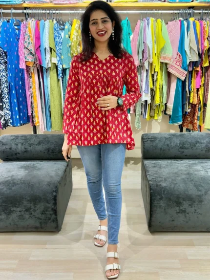 Red Printed Alia Cut Cotton Tunic Top