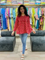 Red Printed Alia Cut Cotton Tunic Top