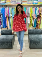 Red Printed Alia Cut Cotton Tunic Top