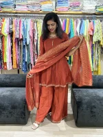Rust Embroidered Kurta Palazzo Set with Dupatta
