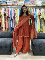 Rust Embroidered Kurta Palazzo Set with Dupatta