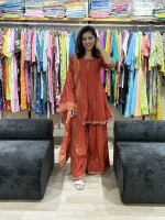 Rust Embroidered Kurta Palazzo Set with Dupatta
