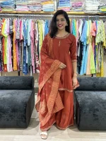 Rust Embroidered Kurta Palazzo Set with Dupatta