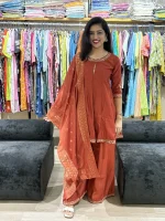 Rust Embroidered Kurta Palazzo Set with Dupatta