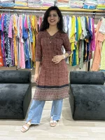 Rust Ethnic Border Straight Kurti in light & Dark Shade