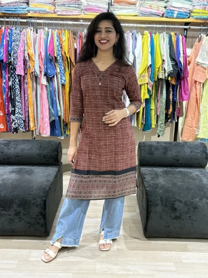 Rust Ethnic Border Straight Kurti in light & Dark Shade