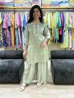 Sage Green Asymmetrical Embroidered Pair Set in Glass Fabric
