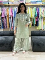 Sage Green Asymmetrical Embroidered Pair Set in Glass Fabric