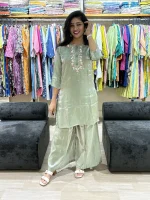 Sage Green Asymmetrical Embroidered Pair Set in Glass Fabric